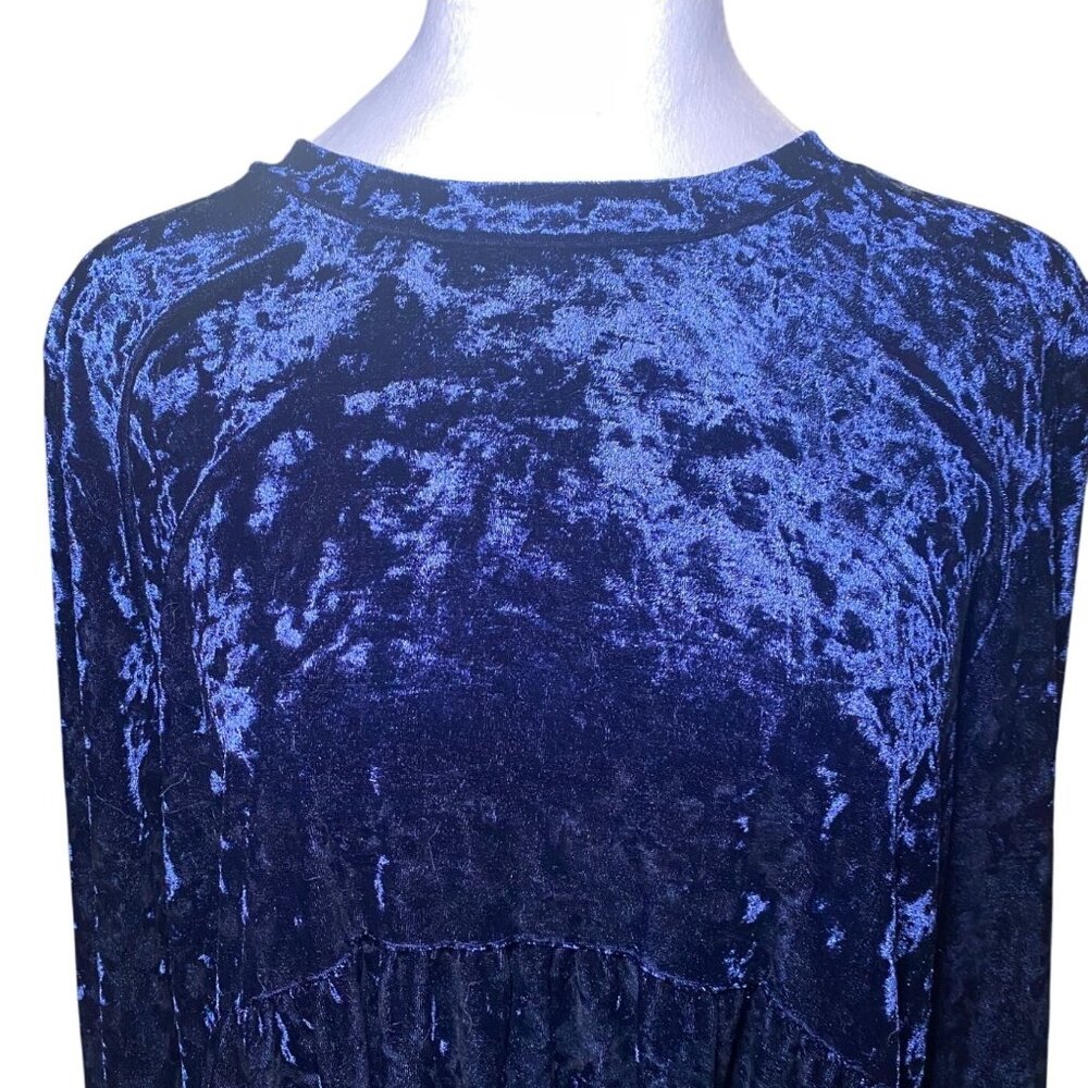 Womens Blue Velvet Long Sleeve Tunic / Mini Dress Holiday Party Celebration